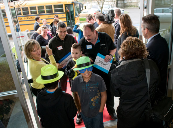 Big Brothers Big Sisters children entering Comcast building to meet mentors