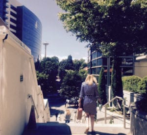 view of a staircase with the space needle in the background