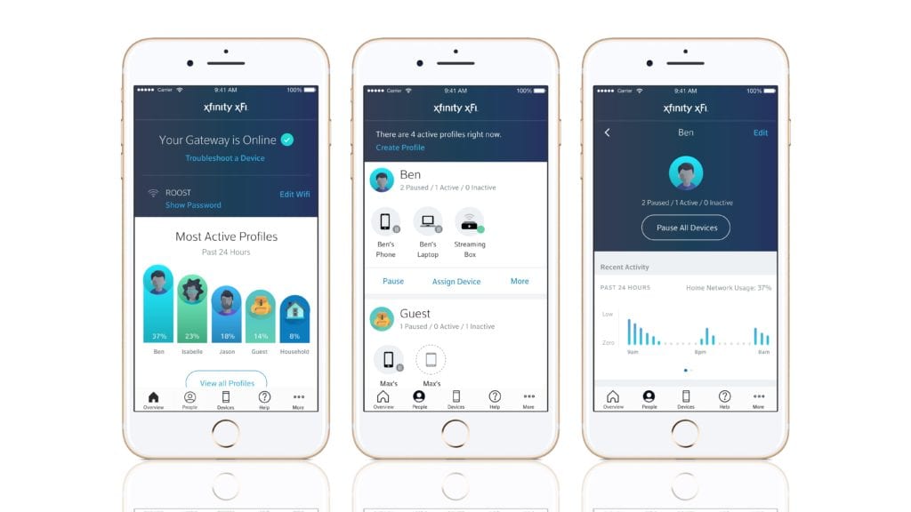 screen shots of Xfinity xFi mobile app user interface, including active profiles, individual profiles and pause devices sections of the app.