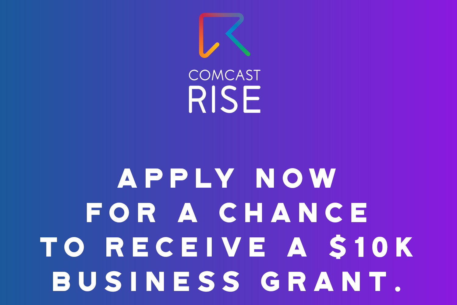 A blue background, written is: apply now for a chance to receive a 10K business grant.