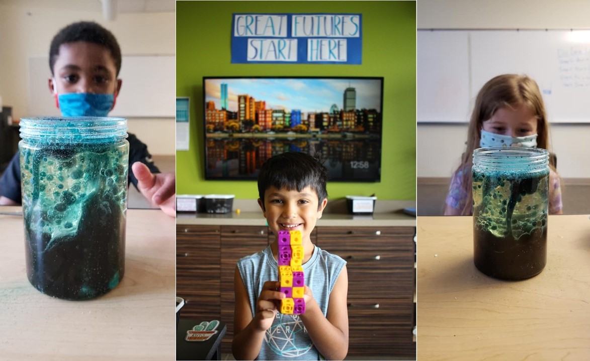 Three photos of children. Two children looking at jars and one holding blocks.