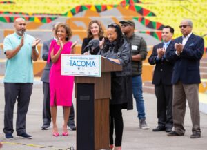 Comcast's Dilala Wilson-Scott speaks in downtown Tacoma.