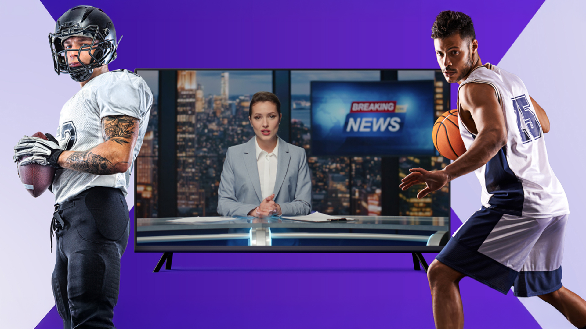 A basketball player and a football player and a television.