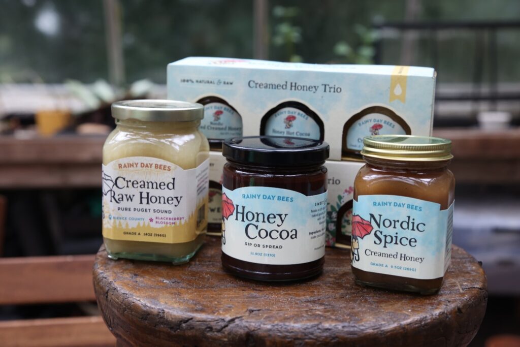 Jars of different Rainy Day Bees honey 